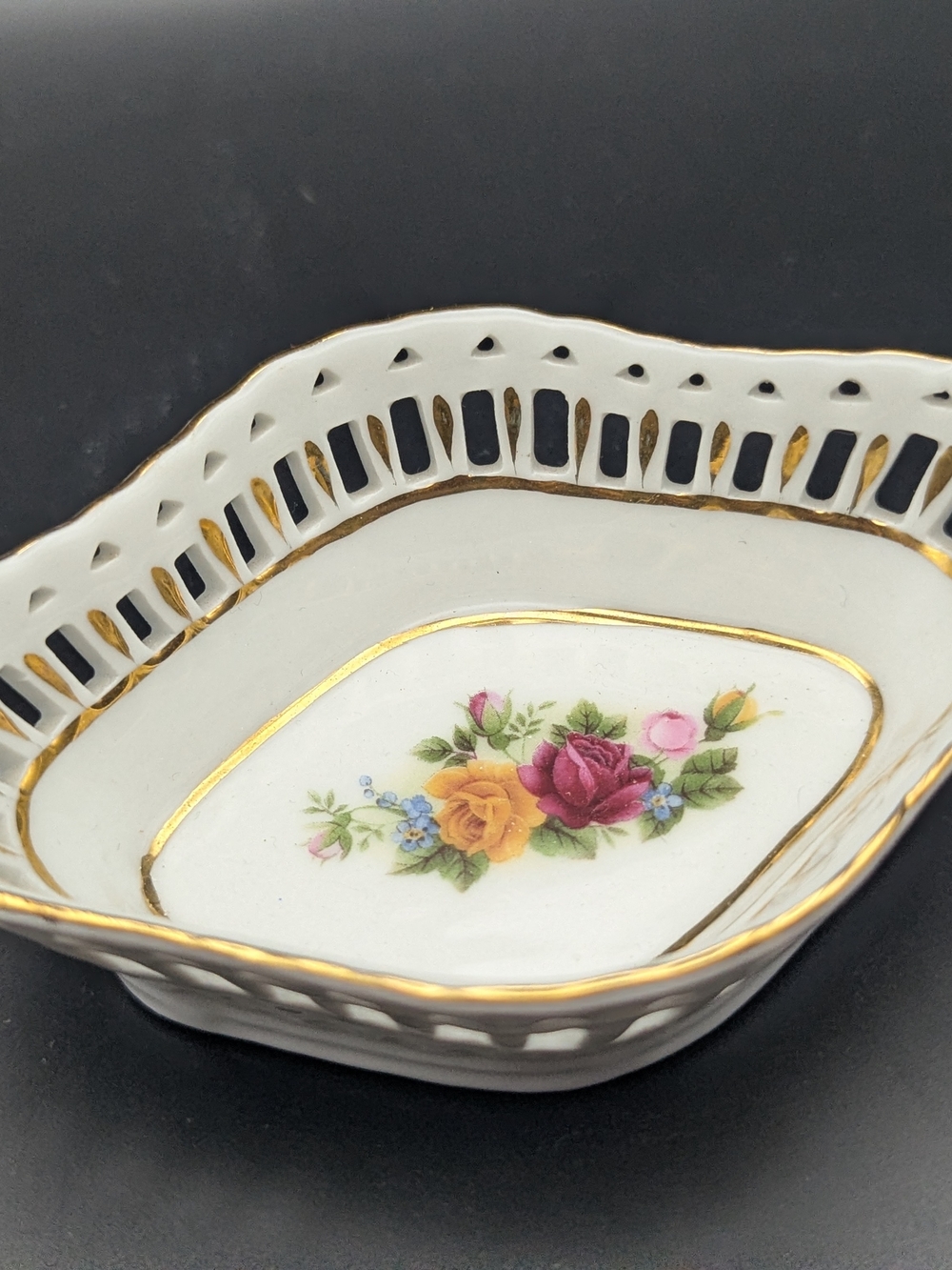 Small 2" Porcelain Floral Decorative Trinket Bowl with Gold Trim - White